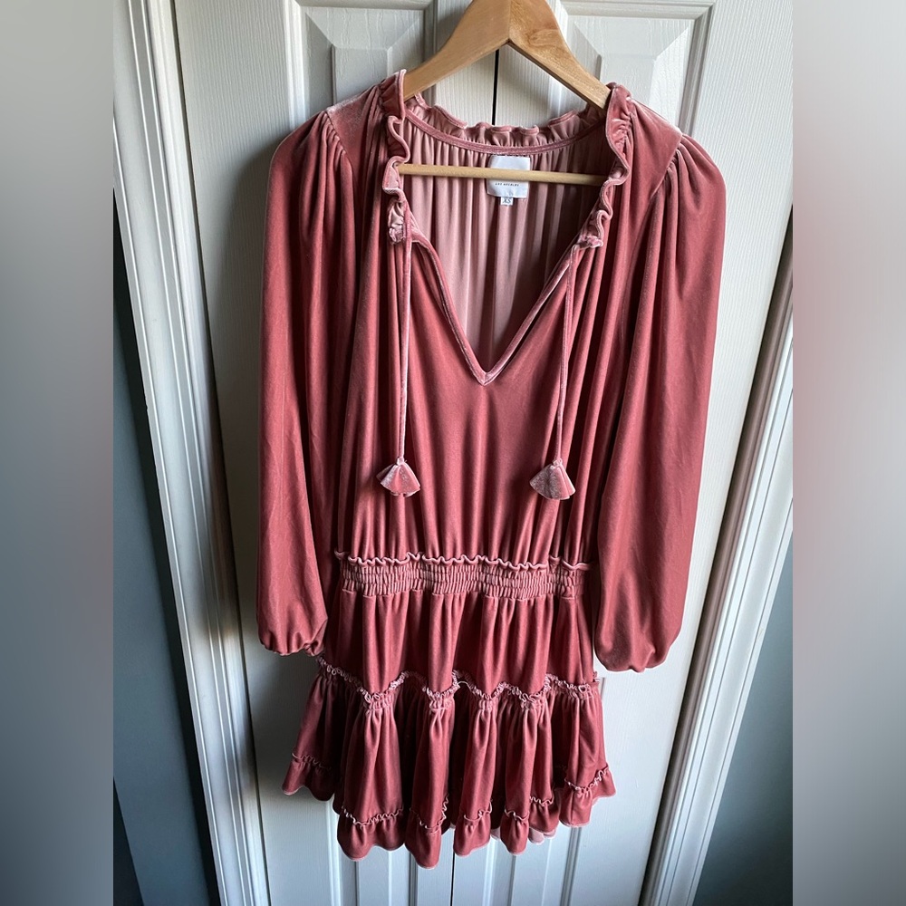 Misa Los Angeles Long Sleeve Lorena Mini Dress Pink Tiered Velvet Size XS